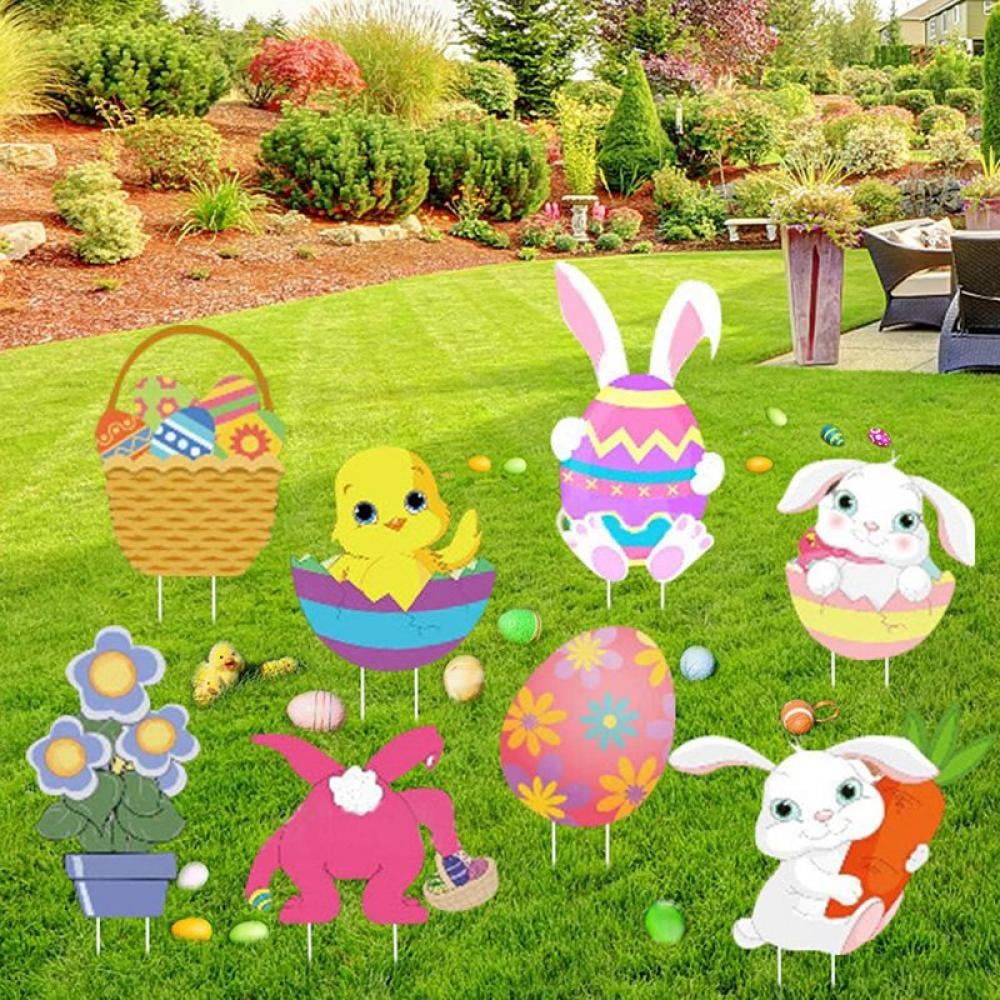 Bunny Chick Corrugated Lawn Yard Signs Decor with Stakes Easter Party Supplies Easter Props Home Garden Decor Home Decor happysdh 8 Pcs Easter Yard Signs Decorations Easter Eggs