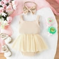thumbnail image 5 of AJTQTH Girls Baby 2PC Set Summer U-Neck Sleeveless Cotton Rib Knit Jumpsuit Mesh Ruffled Solid Color Bodysuit Bowknot Hairband Casual Comfy Clothes Two-Pieces Set Beige 6 Months, 5 of 9