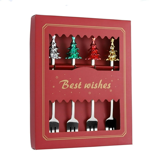 WJCA 4-Piece Festive Utensil Set, Elegant Spoons and Forks with Tree Motif for Dining and Dessert, Holiday Tableware Collection, Sliver Design