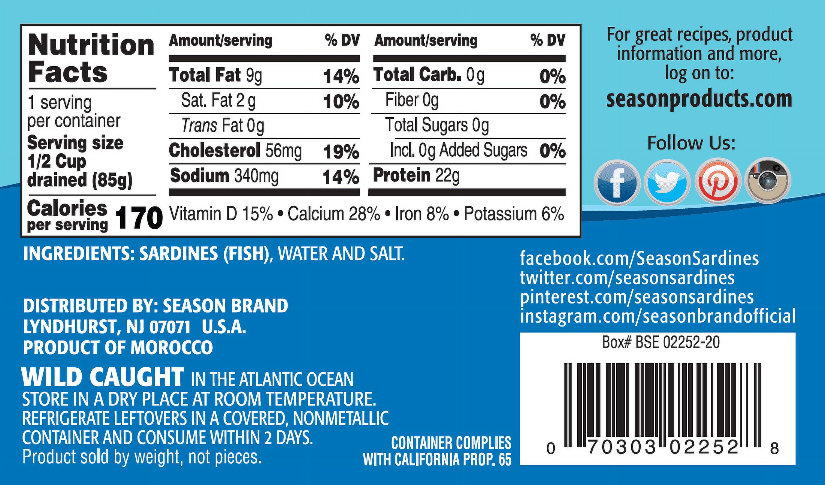 Season Sardines in Water, Salt Added, 4.375 oz Can