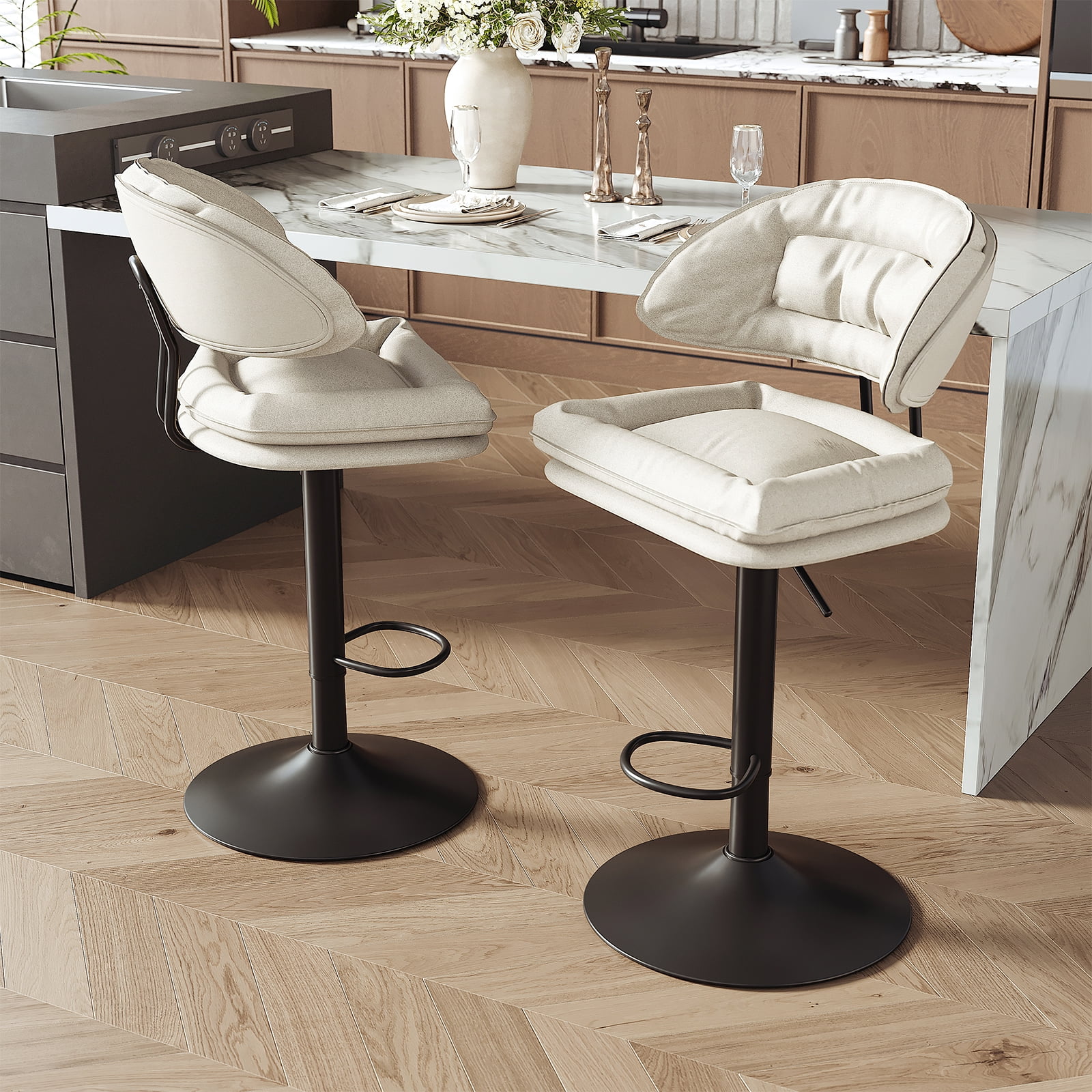 Bar Stools Set of 2 Beige Fabric Adjustable Height 360 Swivel Counter Stools with Footrest 300 lbs Capacity Ergonomic Design for Kitchen Island Home Bar