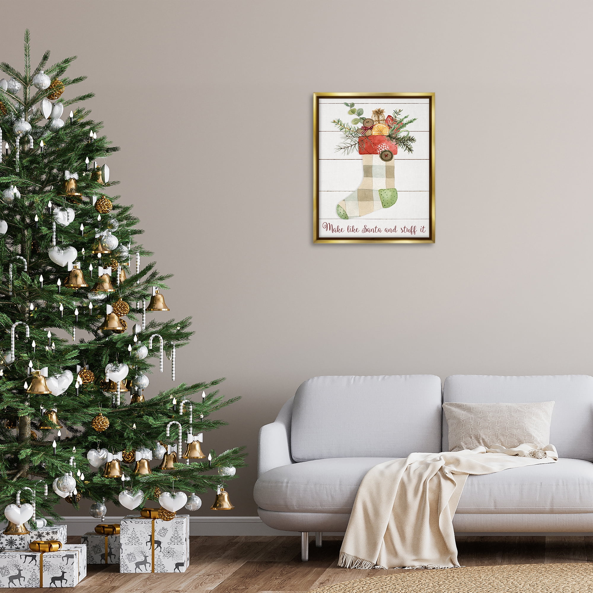 Stupell Industries Plaid Christmas Stocking Holiday Painting Gold Floater Framed Canvas Art Prints Wall Art, 25 x 31