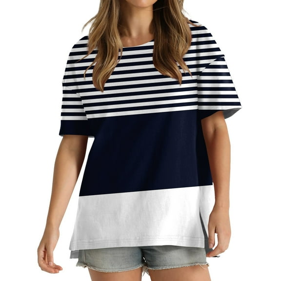 Wycnly Summer Tops for Women Summer Tops Loose Fit Side Slit Irregular Swing Hem Shirts 2025 Fashion Striped Print Tee Tops Ladies Crewneck Short Sleeve Tunic Top