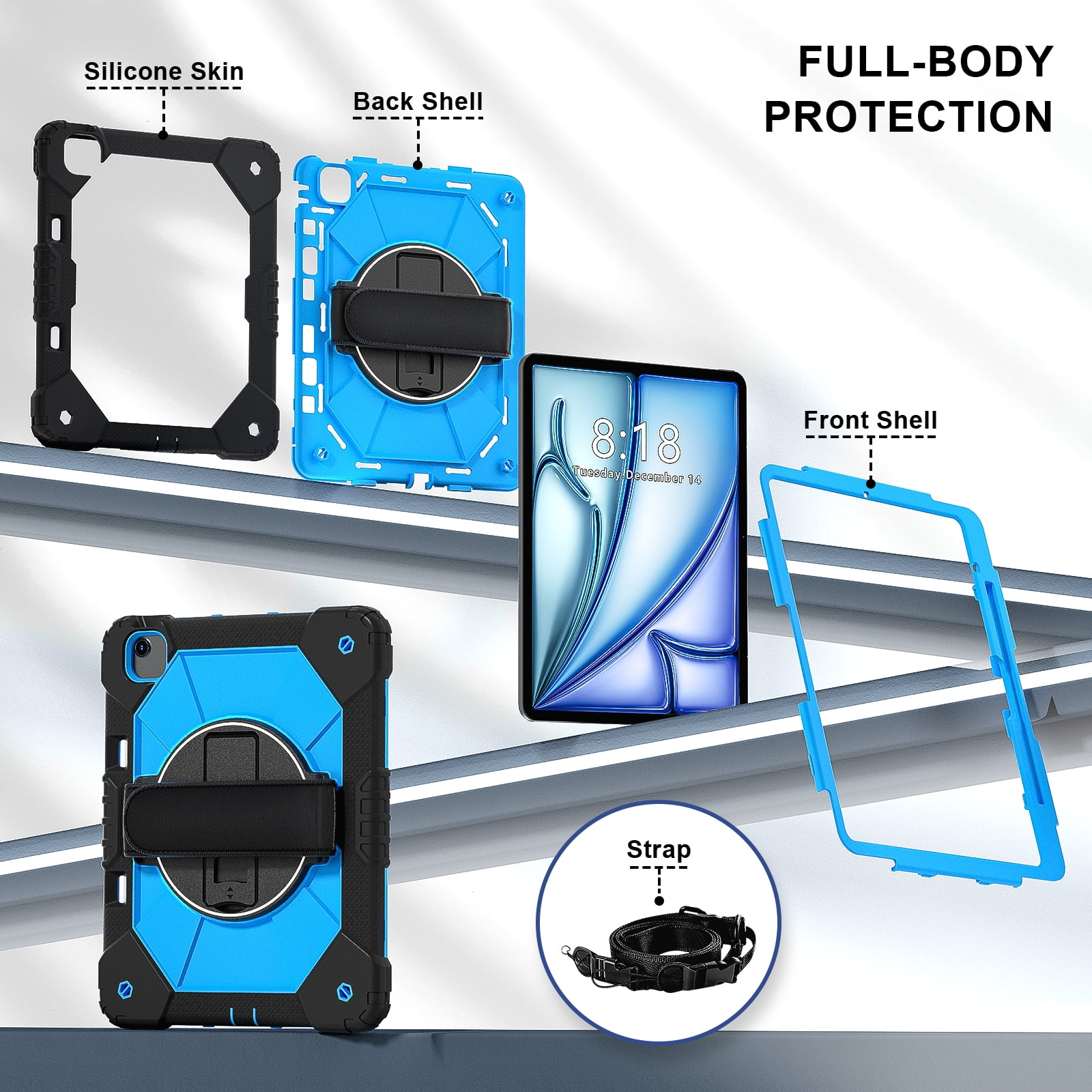 Dteck Case for iPad Air 13 inch 2025/2024 (M3/M2) with Pencil Holder, Shockproof Silicone + PC 3 Layer Protection Case Heavy Duty 360° Rotating Hand Strap Kickstand Cover,Black+Blue