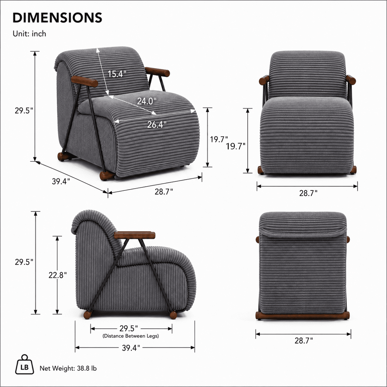 MOONMISS Corduroy Accent Chair, Upholstered Lounge Armchair with Solid Wood Armrests & Minimalist Metal Frame for Living Room, Bedroom,Gray