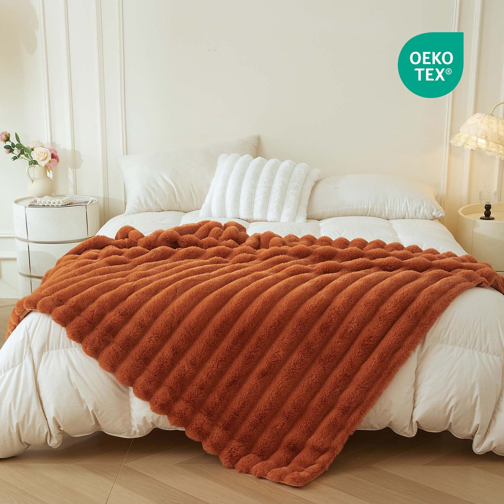 XeGe Fluffy Faux Rabbit Fur Throw, Luxury Stripe Plush Fuzzy Blanket for Bed Couch Sofa Chair, Decorative Shaggy Throw Bedroom Living Room, Furry Blanket Kids Girls Teens Adults, 50x60, Burnt Orange