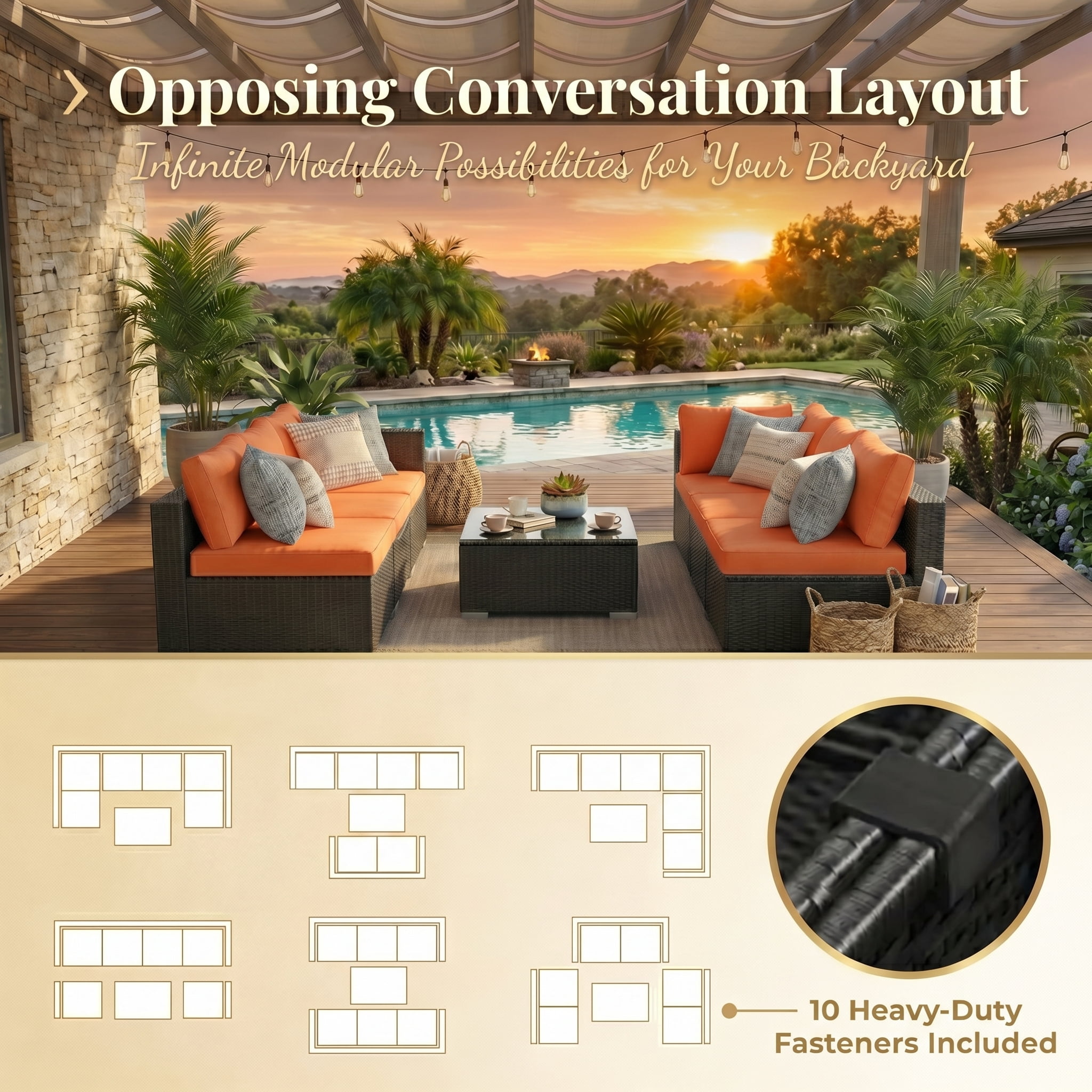 Howcool 7-Piece Modular Outdoor Patio Furniture Set with Cushions and Tempered Glass Table