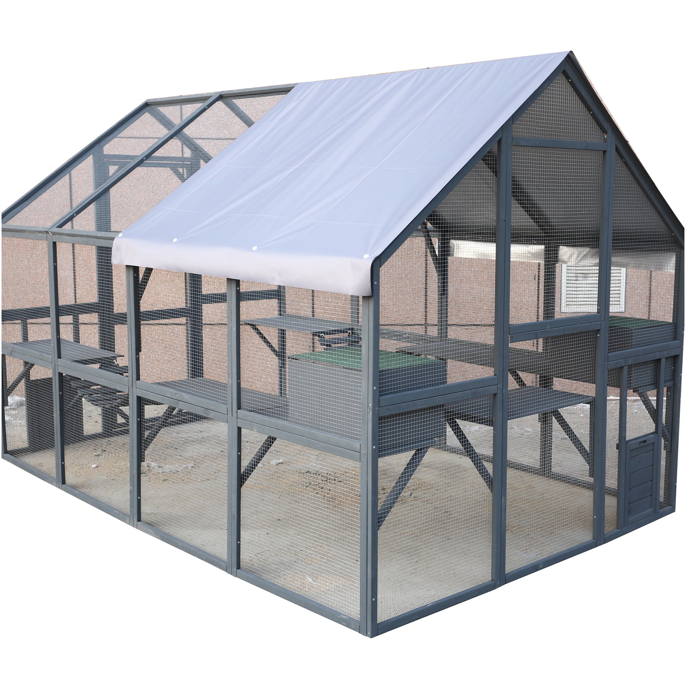 JERFIT Large 110" Outdoor Catio Enclosure with Roof, 2 Bridges & 2 Houses - Gray Wooden Cat Run for Indoor/Outdoor Cats