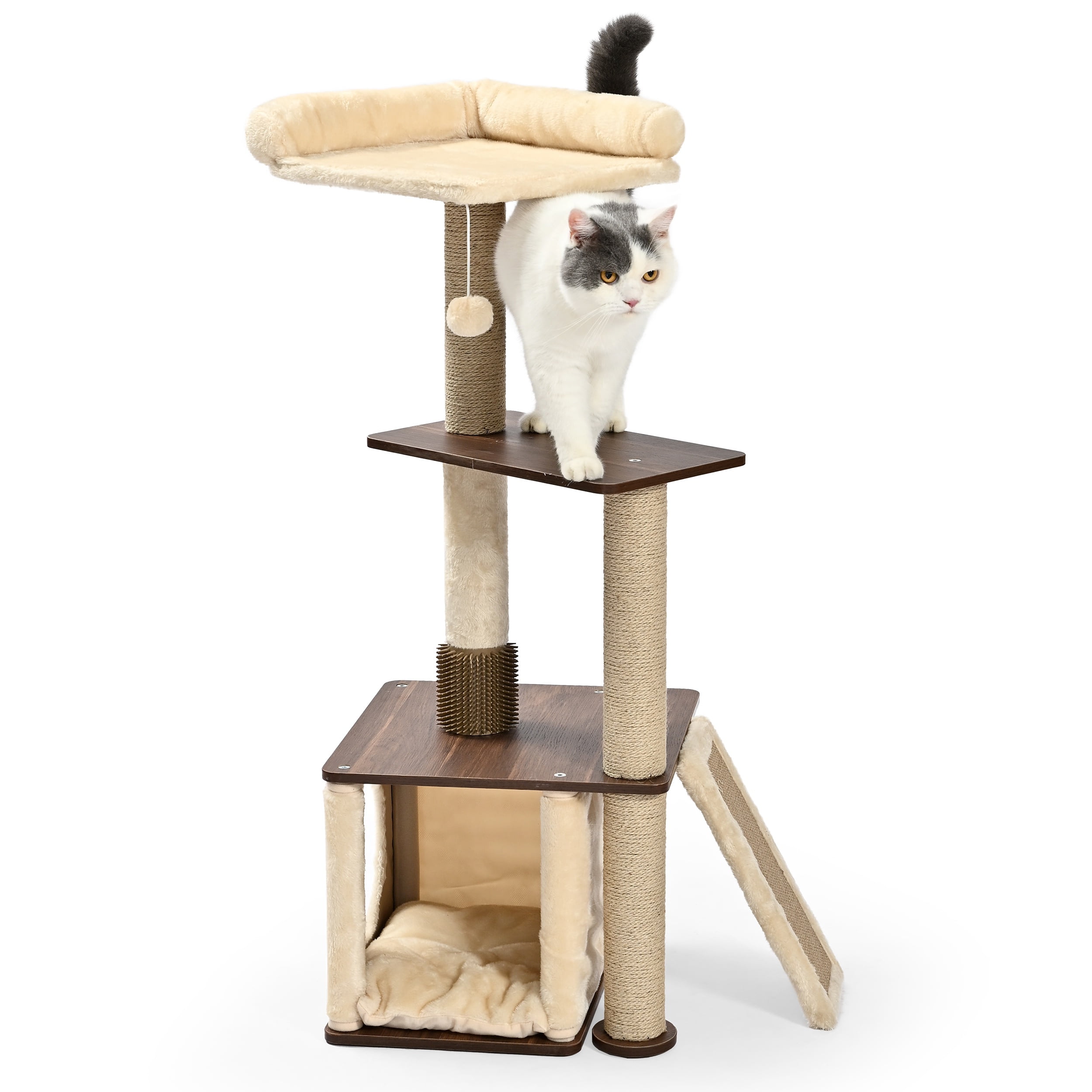 Vibrant Life 4-Level 43" Cat Tree with Grooming Brush and Condo, Beige