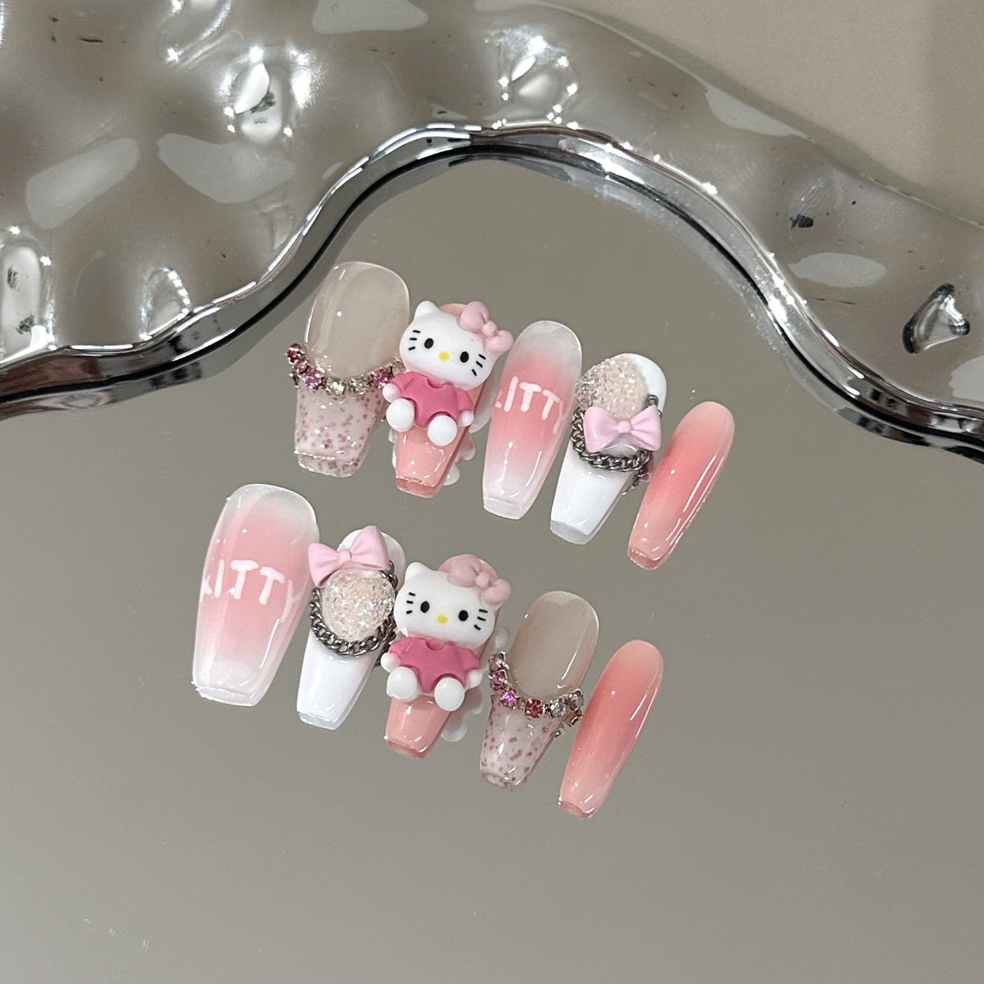 Handmade nail pads, high-end pink blush nail kitt cat manicure, love bow temperament, white nails