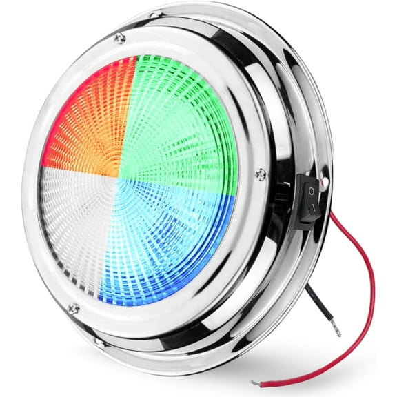 Pactrade Marine LED Dome Light RGBW - 5-Inch Lens, Built-in Color Switch (2-Wire, NO Controller Needed) - Stainless Steel Surface Mount - Interior Boat Lights, Marine-RV Ready (12V/24V)