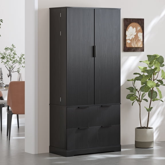 Mintazer 72" Modern Fluted Freestanding Kitchen Pantry Storage Cabinet with 2 Door & 2 Drawers, Large Storage Hutch with 8 Spice Door Racks for Kitchen Dining Room Bathroom, Black