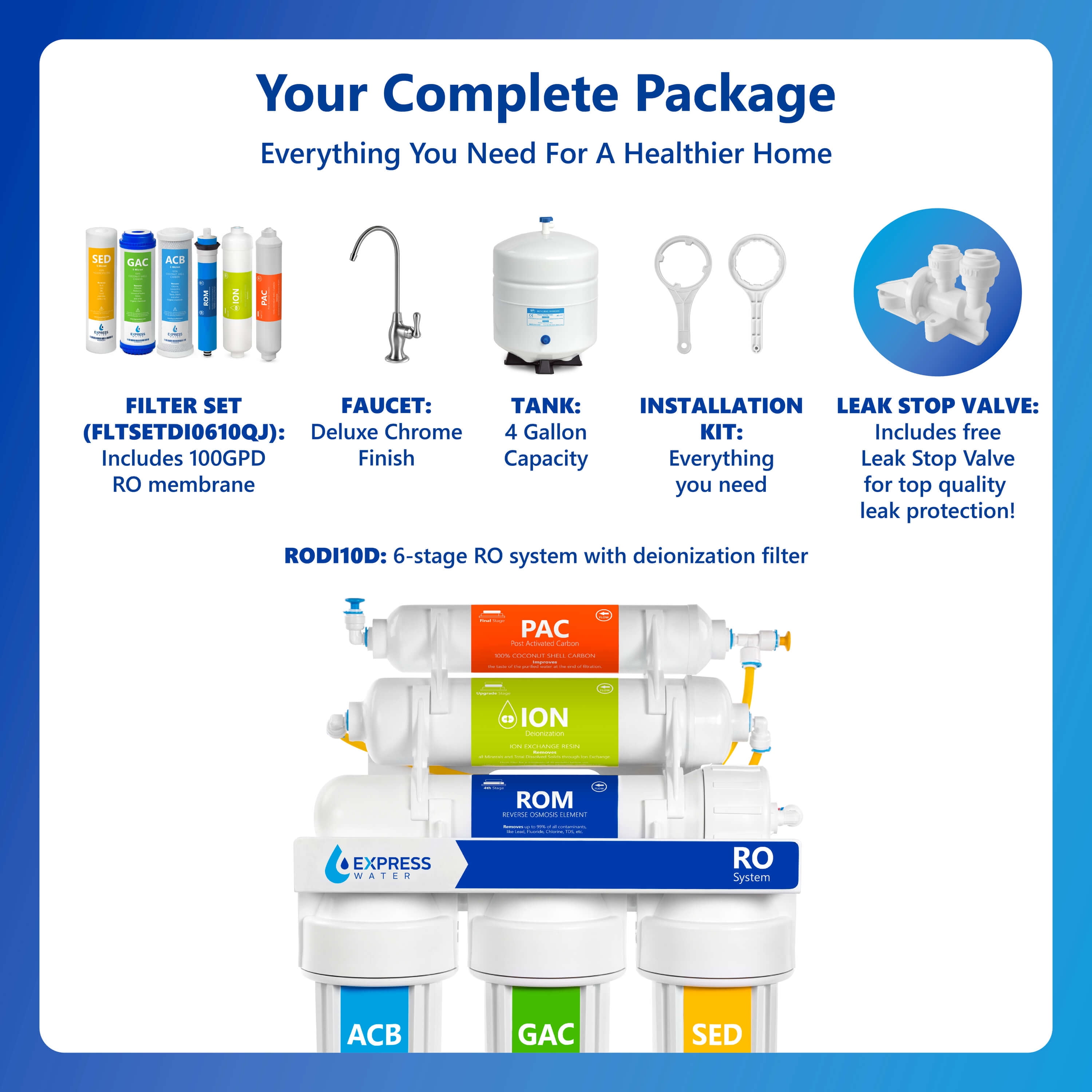 Express Water Deionization Reverse Osmosis Water Filtration System – 6 Stage RO DI Water Filter with Faucet and Tank – Distilled Pure – Under Sink Home Water Softener – 100 GPD