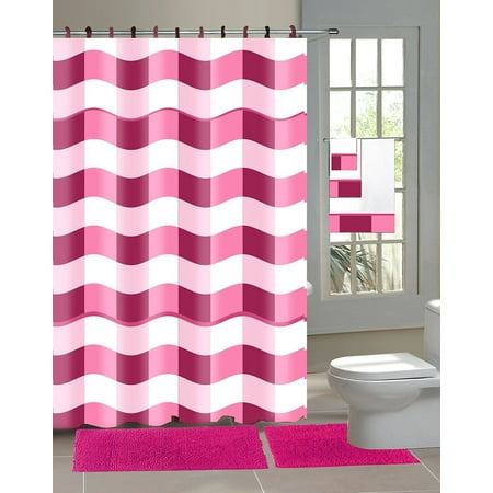 18 Piece Chenille Gy Bathroom Set Bath Rugs Shower Curtain Hooks 3pc Towel Hot Pink Com - Hot Pink And Grey Shower Curtain