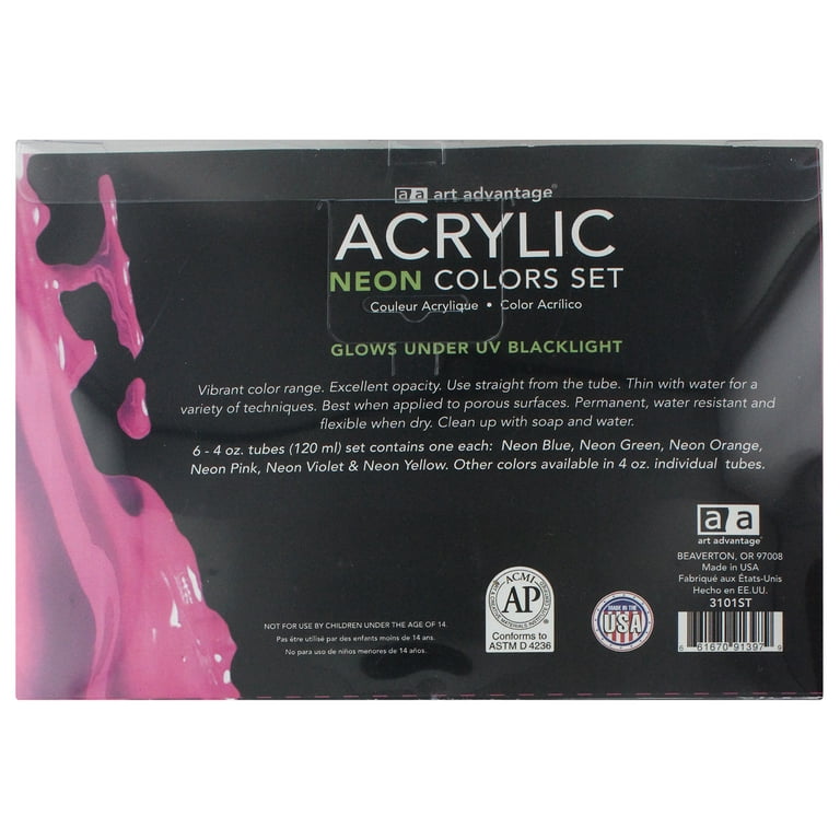 Art Advantage Neon Colors 4 oz. (120 ml) Acrylic Paint Tube 6 Color Set -  661670913979