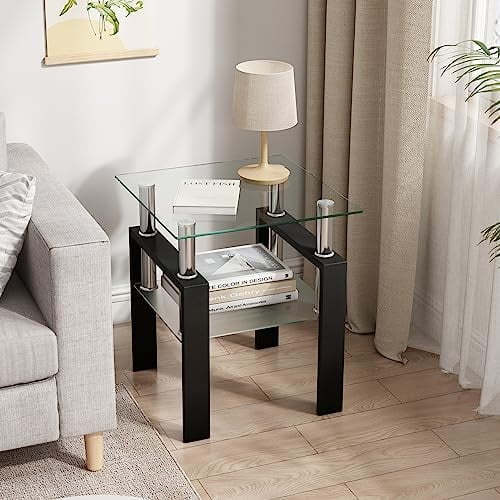 Glass Coffee Table Set of 3, 3-Piece Living Room Tables with Tempered Glass and Metal Frame, Coffee and End Table Sets, Clear