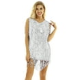 thumbnail image 2 of Aislor Women Glitter Sequins Ballroom Latin Dance Sleeveless Fringed Dancing Dress Silver L, 2 of 7