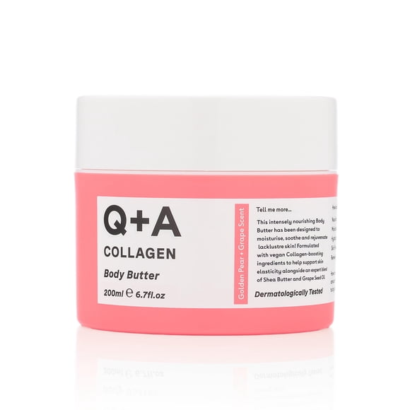 Manteca corporal de colágeno Q+A: Fórmula vegana lujosamente rica e intensamente hidratante con proteína vegetal hidrolizada, manteca de karité, escualano y aroma a pera dorada y uva para una piel sua