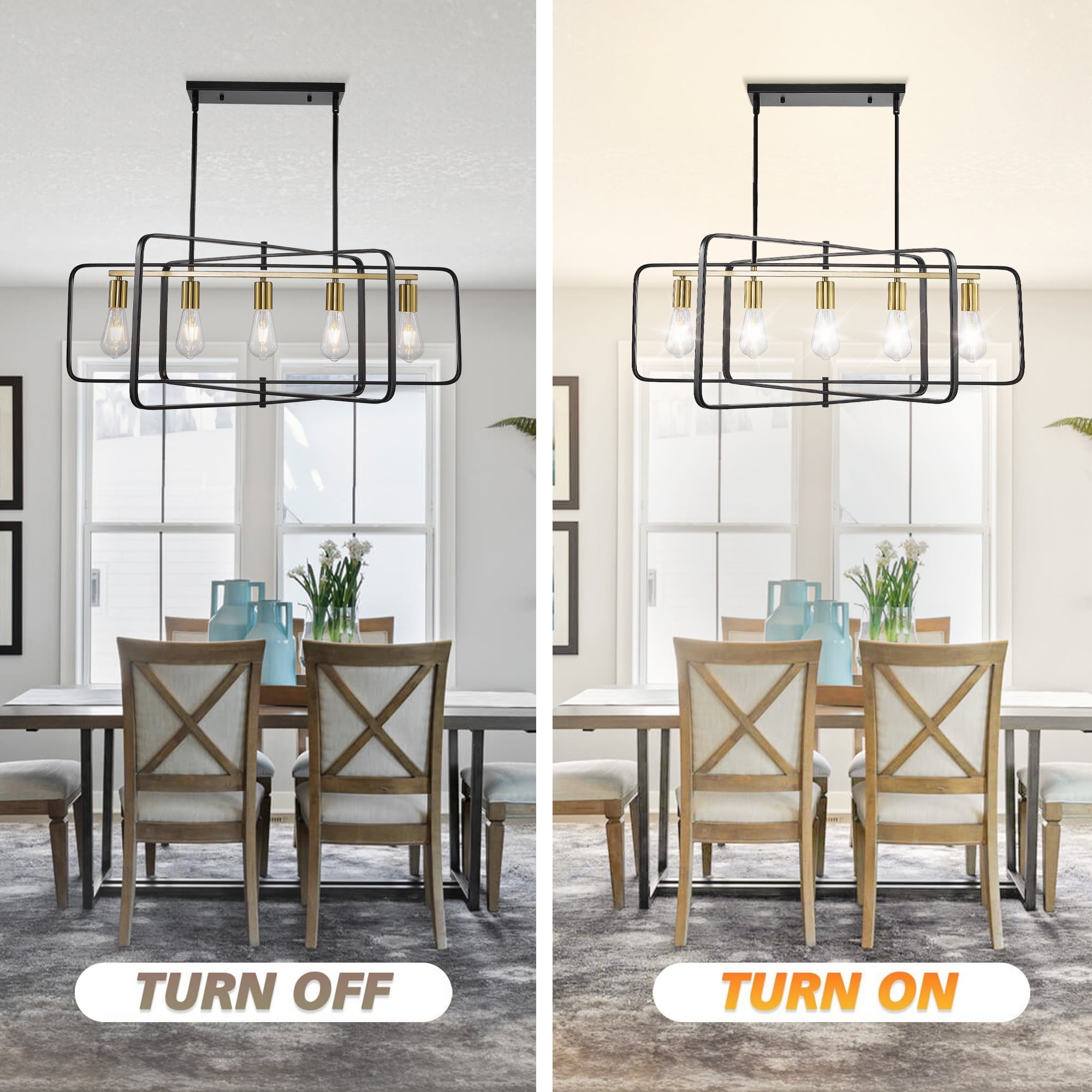 bokifol 5-Light Black Gold Farmhouse Chandelier Rectangle Ceiling Fixture for Dining Room