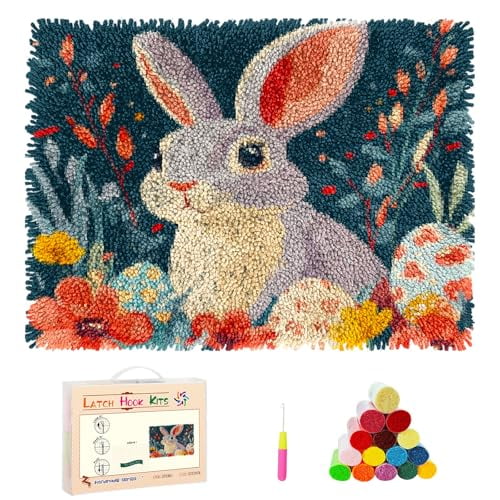 DIY Latch Hook Rug Kits Cartoon Rabbit in Flowers and Easter Eggs Stamped Non-slip Mat Crochet Yarn Hook and Latch Emboridery Tapestry for Home Floor Decoration and Pet Warm Cushion 52x38cm(1)