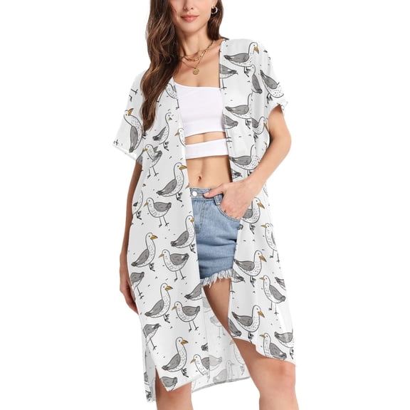 joogoo Women's Abstract Bird Beach Cover Up Kimono Swimsuit Summer Cardigan Swimwear S