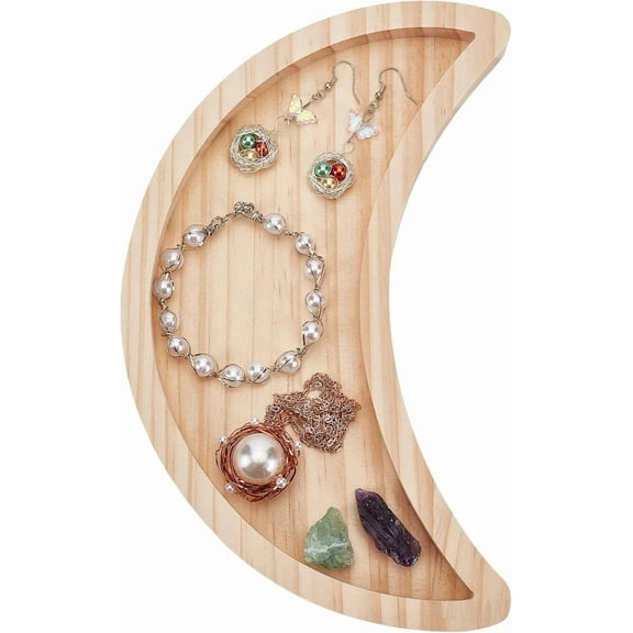 Moon Wooden Holder Tray for Crystals Stones 9.45x5.7 Inch Moon Shape Decorative Cosmetic Trays Jewelry Display Organizer Crescent Trinket Dish Home Ornament Storage Accessories Moccasin