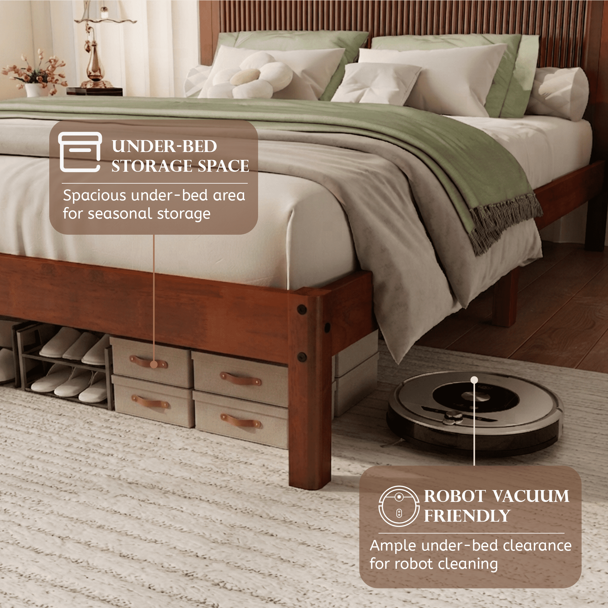 Miniyam Queen Size Wooden Platform Bed Frame with Headboard, Fluted Wave Design, Walnut