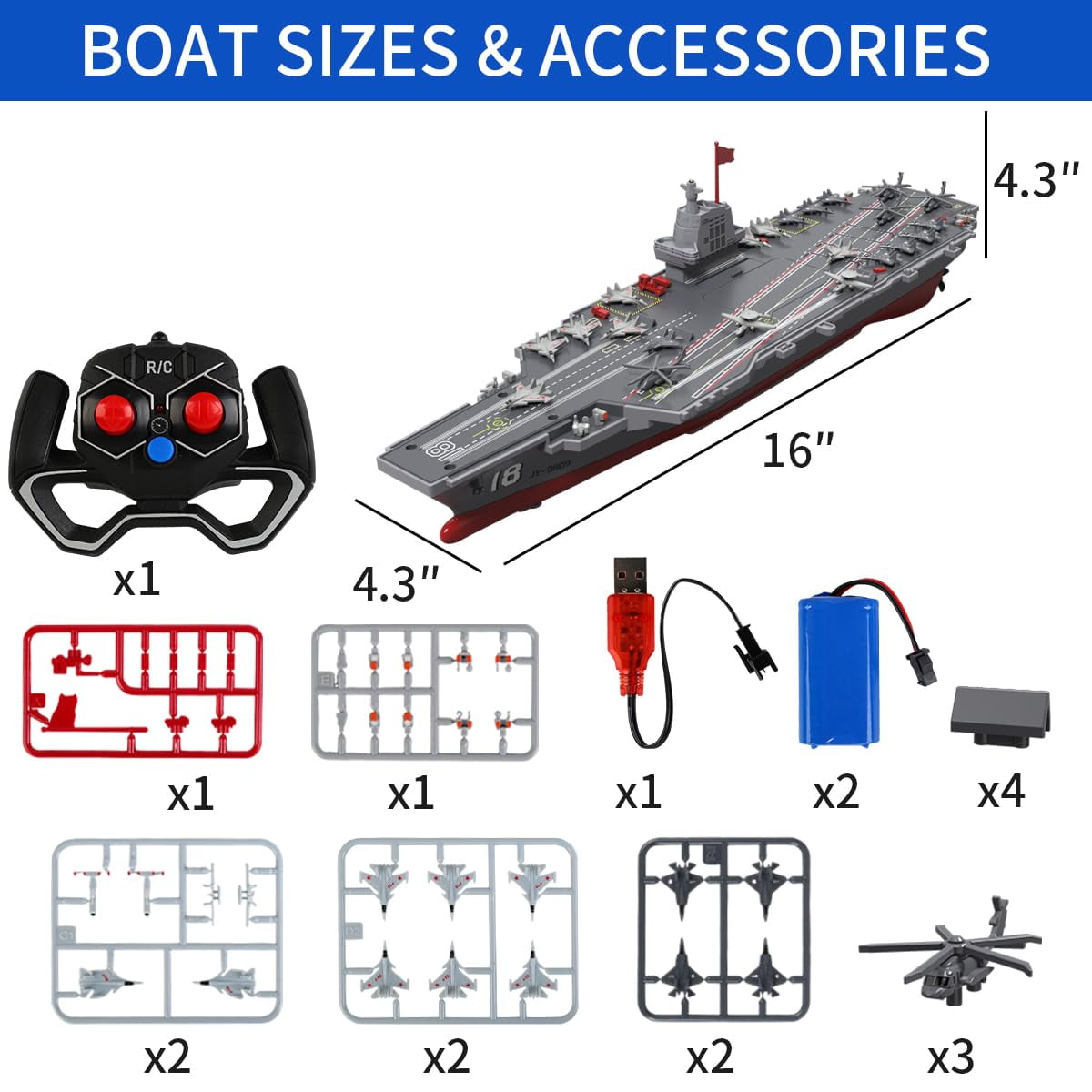 TBSCWYF 16-Inch RC Aircraft Carrier Boat, 2 Rechargeable Batteries, 15 MPH, 2.4GHz Remote, Water-Activated Dual Motor