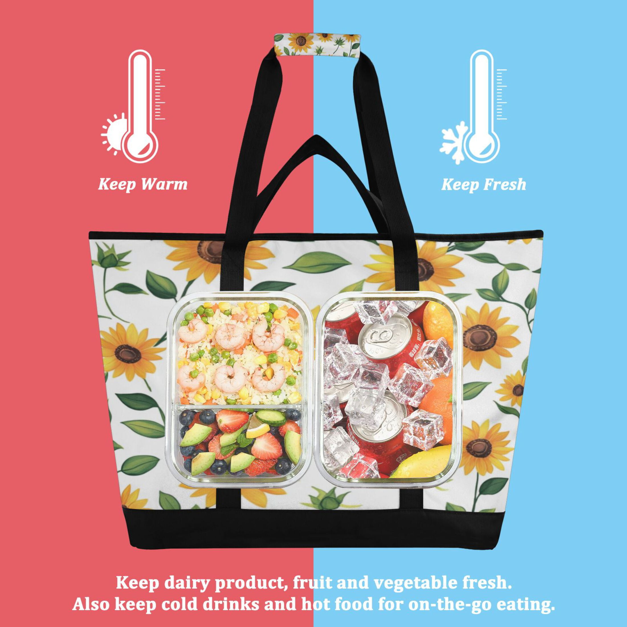 Large Hand-held Ice Pack Picnic Bag Insulation and Refrigeration Suitable for Shopping Picnics and Camping Lovely Sunflower