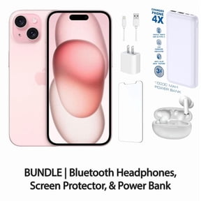 Restored Apple iPhone 15 128GB Pink Fully Unlocked Bundle with 10,000 mAh Powerbank & Bluetooth Headphones (Refurbished)