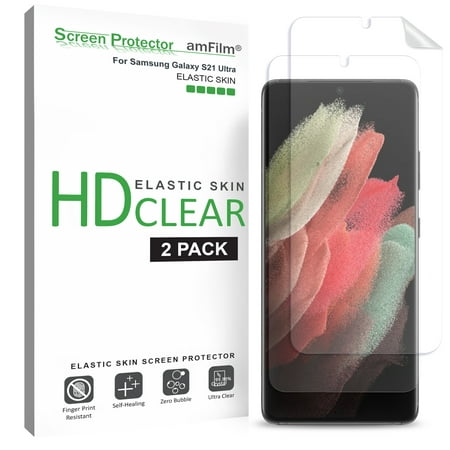amFilm (2 Pack) Screen Protector for Samsung Galaxy S21 Ultra (6.8"), Case Friendly (Easy Install) HD Clear Elastic Skin TPU Film (2021)