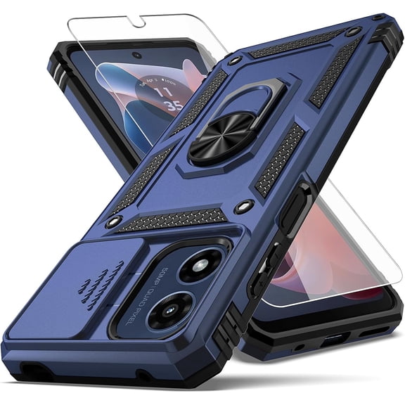 HCTian for Moto G Play 2024 Case,with Camera Lens Cover HD Screen Protector,[Military Grade] Ring Car Mount Kickstand Hybrid Hard PC Soft TPU Shockproof Protective Case for Moto G Play 4G 2024