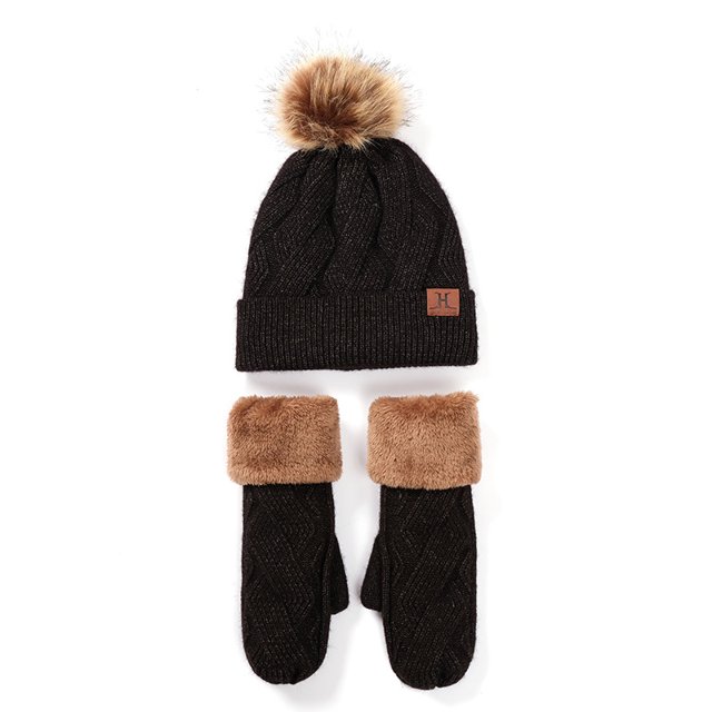 Chapeau et Gants pour Femmes, Tricots d'Hiver, 2 Pcs, Noir