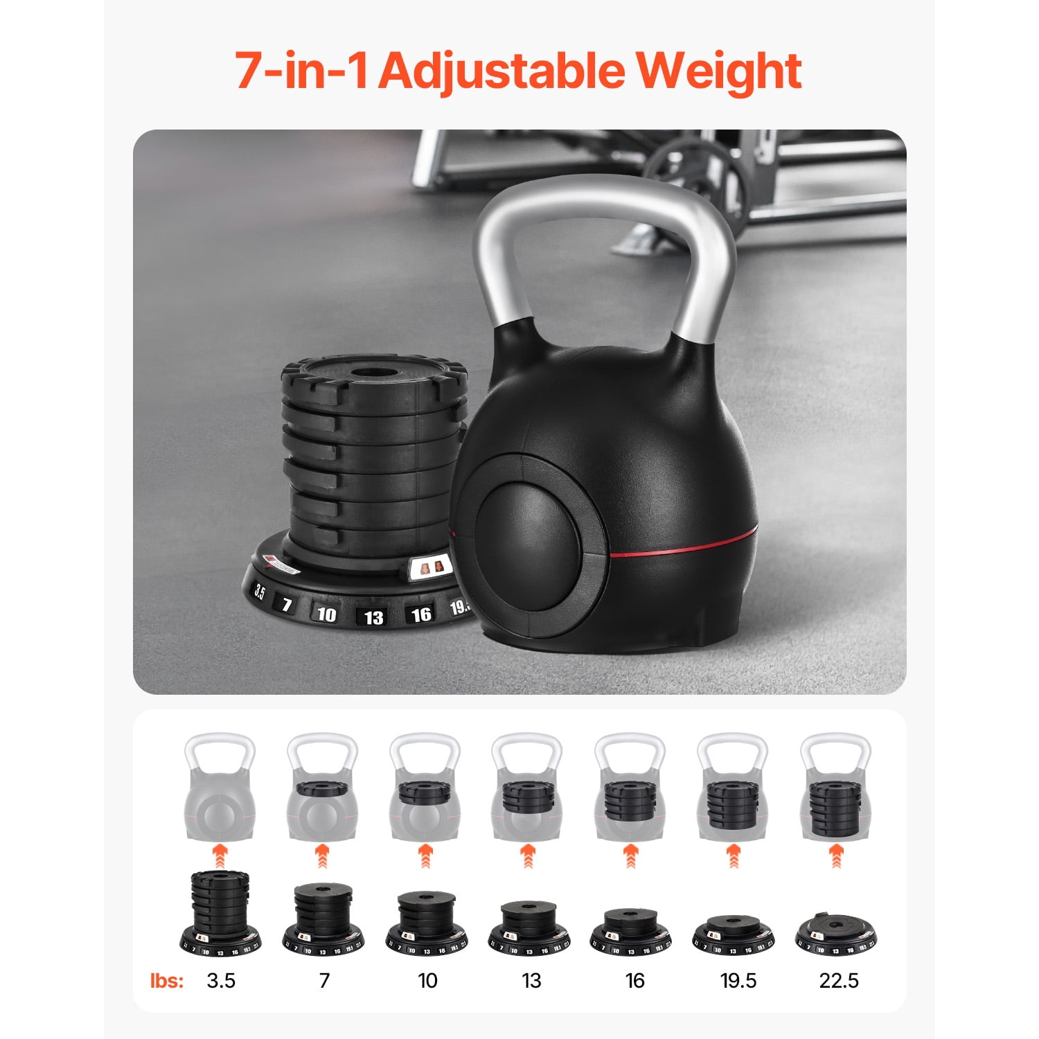 KFFKFF Adjustable Kettlebell with 7 Weight Options (3.5 to 22.5 lbs), Crafted from Die-Cast Aluminum and ABS, Ideal for Grip Strength, Full-Body Exercises, and Cross-Training