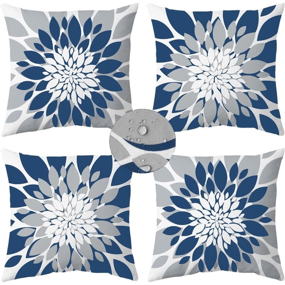 Pack of 4 Outdoor Waterproof Pillow Covers 18x18 Decorative Throw Pillows Garden Square Cases for Patio Furniture, Couch, Tent Sunbrella, Bench, Blue Grey