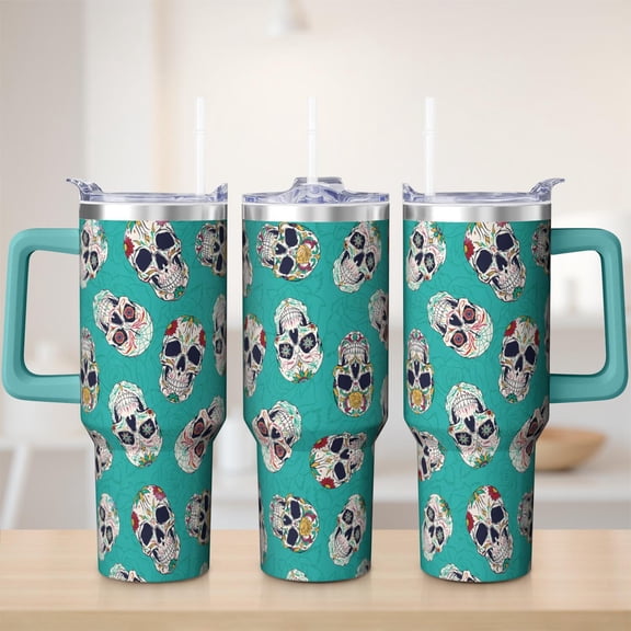 Skull tumbler 40 oz tumbler with handle and straw 304 stainless steel travel cup coffee mug water bottle suitable as a gifts for women gift for Skull lovers