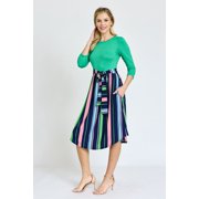 Vivid 3/4 Sleeve Multi Color Stripe Sash Midi Dress | S-3X