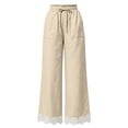 thumbnail image 4 of Women Straight Leg Pants with Lace Hem Trim, Elastic Drawstring Waist Casual Long Trousers with Pockets, Solid Loose Daily Pants for Vacation Beige XXL(XXL), 4 of 7