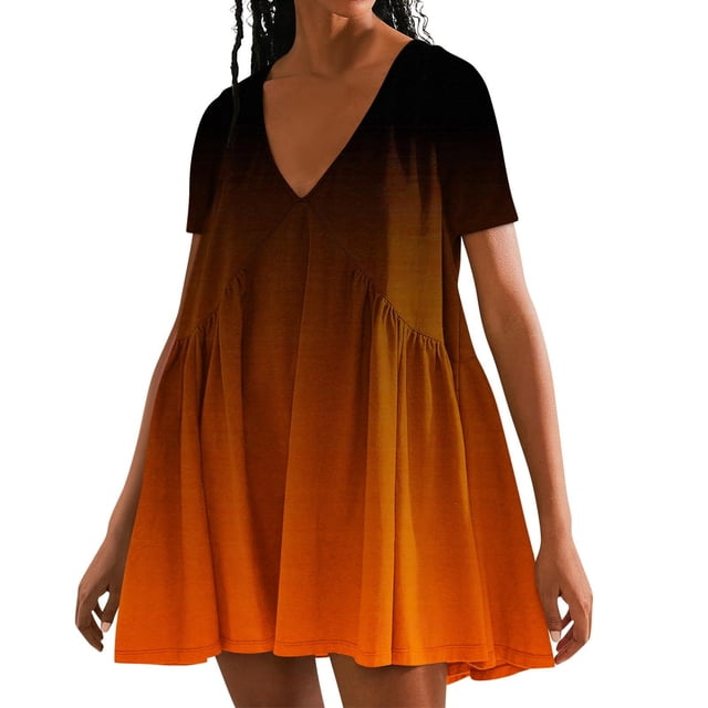 Puntoco Vestido De Manga Corta Con Cuello En V, Vestido De Manga Corta De Verano De Color Sólido Para Mujer Amarillo S