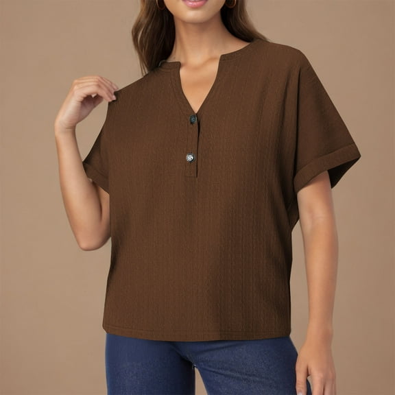 Munlar Womens Tops Summer Brown Shirts Loose Short Sleeve Solid Color V-Neck Blouses 2XL