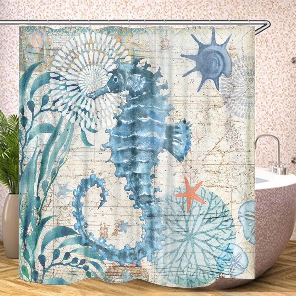 Green Sea Turtles Beach Theme Fabric Shower Curtain Sets Bathroom Blue