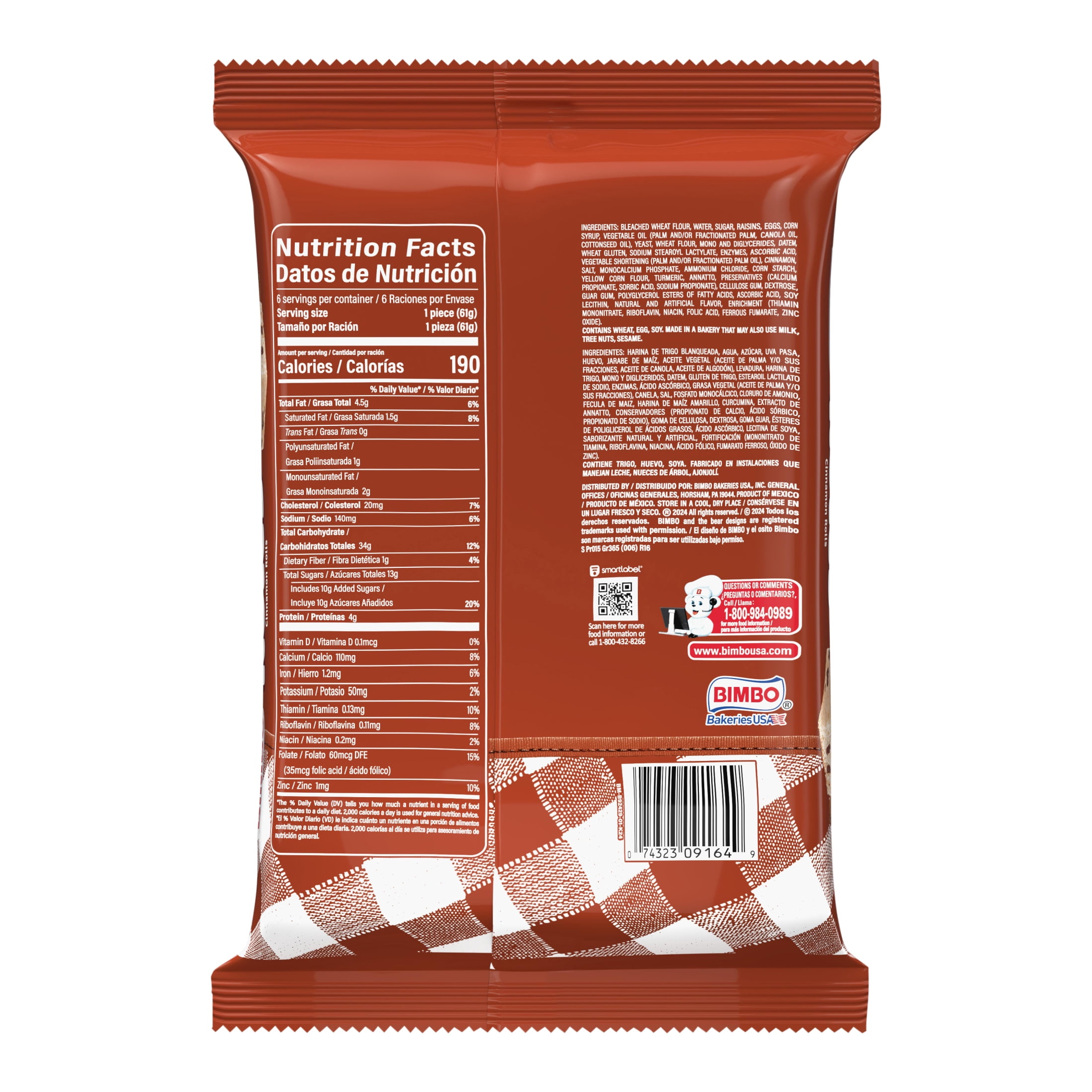 Bimbo Roles de Canela con Pasas Cinnamon Rolls with Raisins, 6 count, Pastries, 12.88 oz Bag