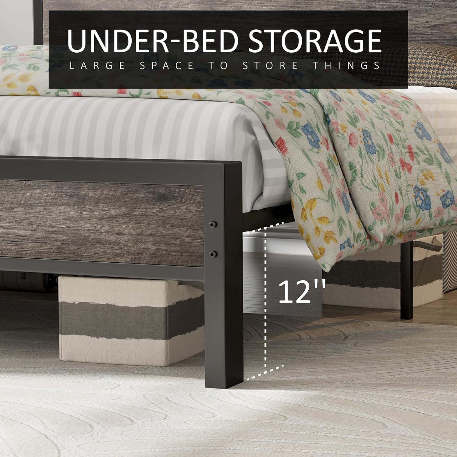 Merluxy Queen Size Bed Frame Industrial Platform Bed with Charging Station, 2-Tier Storage Headboard/ No Box Spring Needed/ Noise-Free/ Rustic Gray