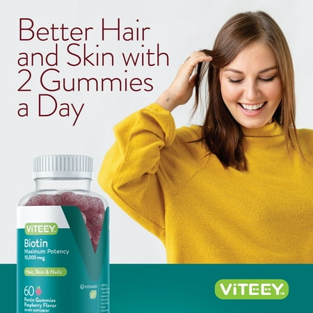 VITEEY Biotin Gummies 10,000 mcg, Hair Skin and Nails, Raspberry Flavor, 60 Count, 1 Pack