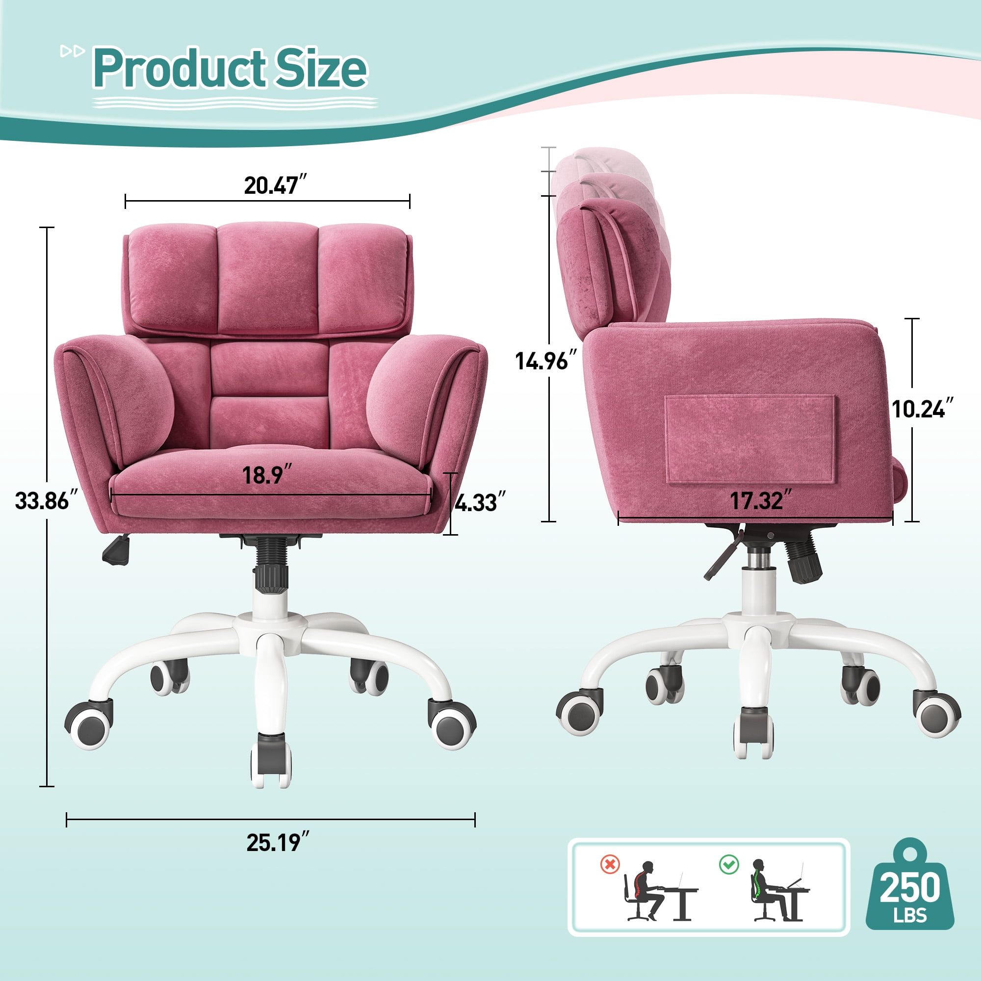 Romorgniz Adjustable Office Chair with Wheels, Soft-Touch Upholstered Desk Chair with Side Pockets, Ergonomic Vanity Chair for Bedroom, Home Office, Pink