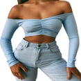 thumbnail image 1 of Women Off Shoulder Crop Top Long Sleeve Ribbed Knit Stretchy Blouse Top Vest, 1 of 6