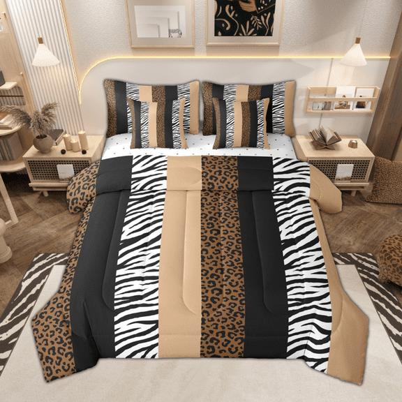 Manfei Zebra Cheetah Print Twin Bedding Sets 7pcs, Geometric Stripe Bedding Comforter Set, Brown White Black Aesthetic Sheet Sets for Girls, Microfiber Bedroom Decor