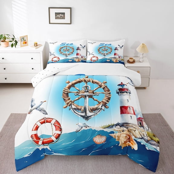 Erosebridal Lighthouse Anchor Bedding Twin Comforter Set,Marine Nautical Down Comforter,Ocean Theme Bedding Sets Twin with Comforter,Super Cozy Teens Bedroom Decor,Reversible,3pcs