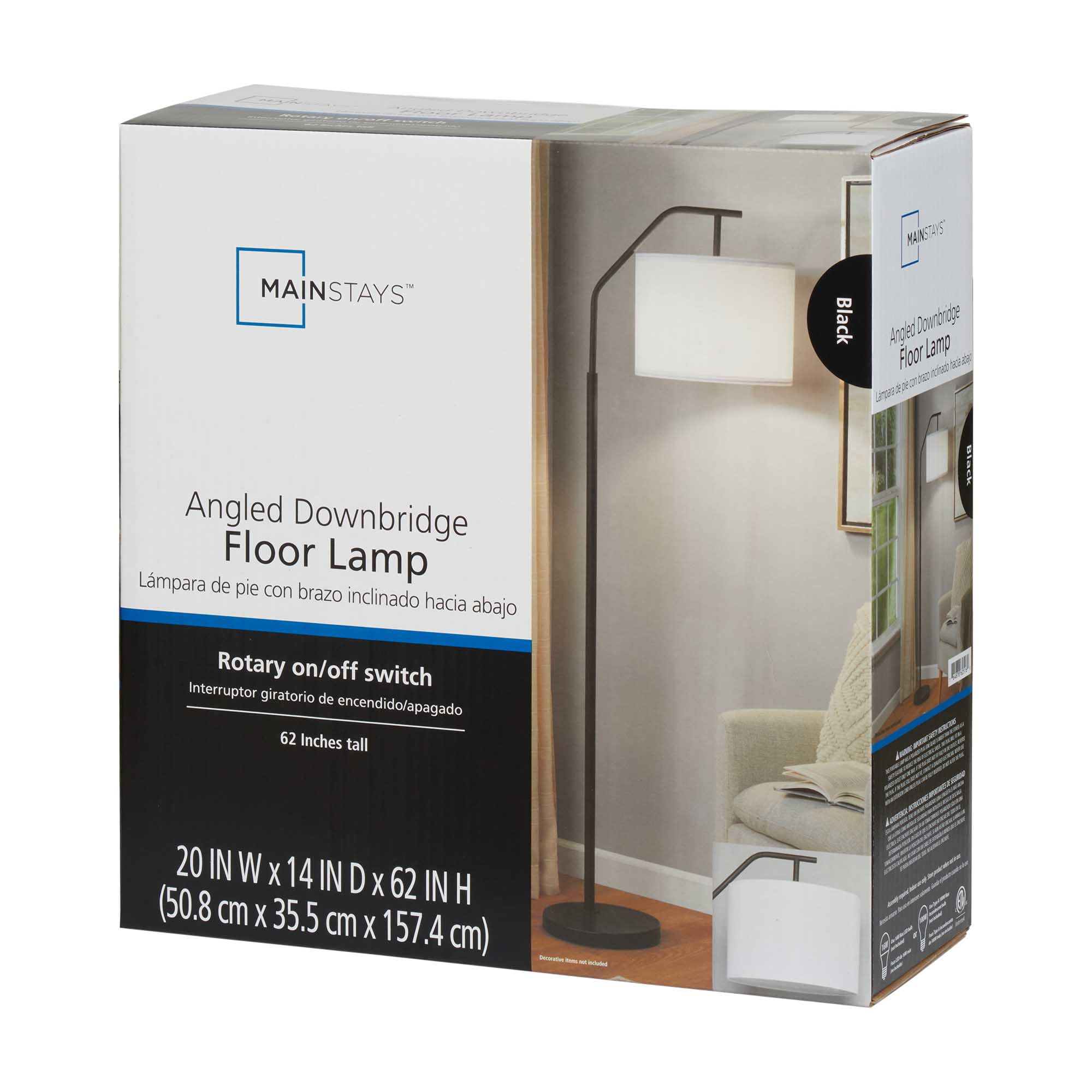 Mainstays 62" Black Metal Angled Downbridge Floor Lamp with Linen Shade