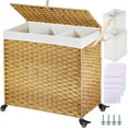 thumbnail image 3 of Laundry Hamper with Wheels&Lid, 130L Large 3 Sections Clothes Hamper with 2 Types Removable Liner Bags, 5 Mesh Laundry Bags, Handwoven Divided Laundry Basket for Clothes, Natural, 3 of 6